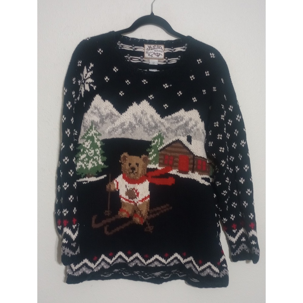 Vintage Heirloom Collectibles Skiing Bear Cabin Sweater Navy Blue Large 1998